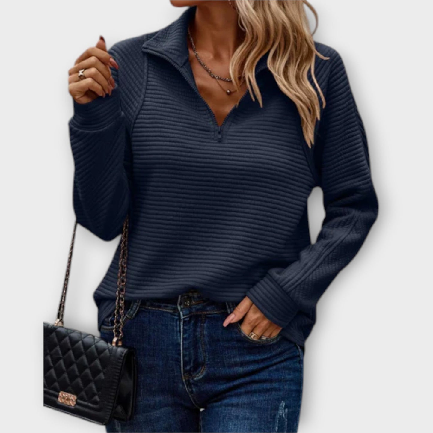 Marisol | Women's V Neck Pullover Sweater Zip Detail