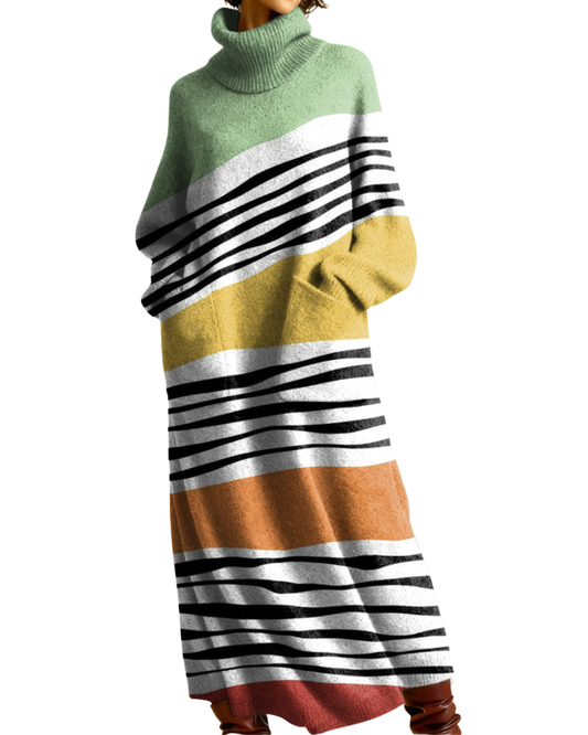 Lorance | Retro Abstract Geometric Colorful Splicing Patterns Art High-neck Long-sleeve Casual Loose Knit Dress