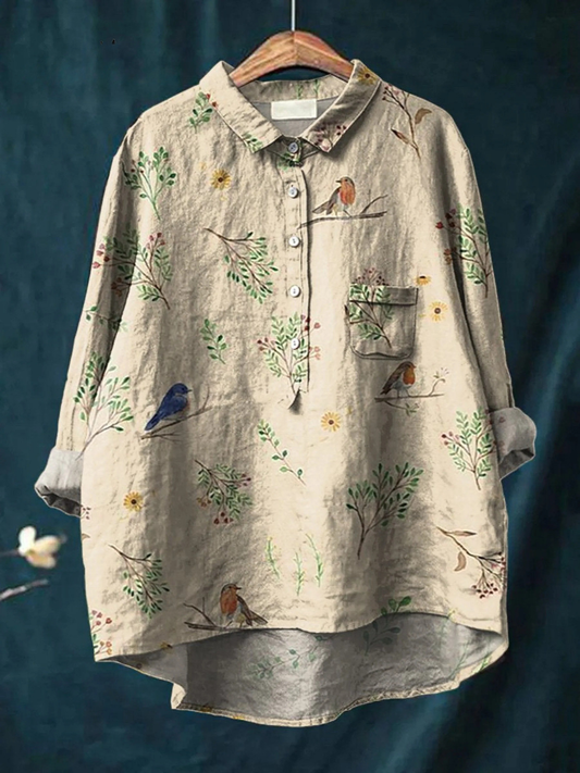 Lorelai | Boughs And Robin Birds Pattern Printed Women's Casual  Shirt 0