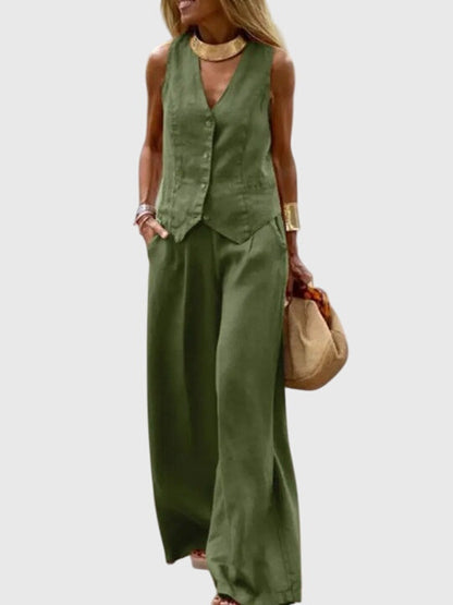 Mabel | Women's Elegant Two-Piece Set - Vest & Wide Leg Pants