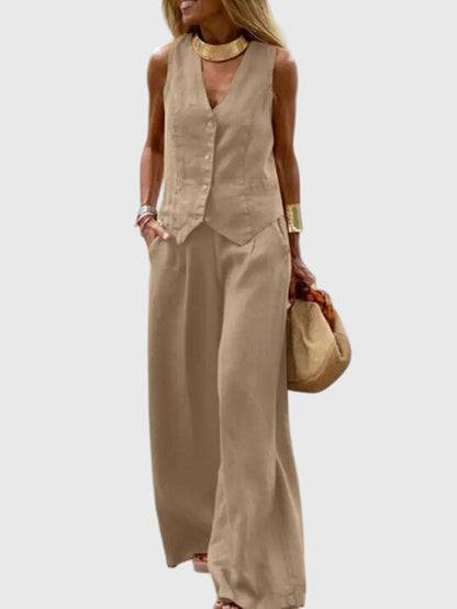 Mabel | Women's Elegant Two-Piece Set - Vest & Wide Leg Pants