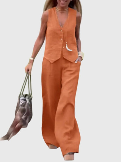 Mabel | Women's Elegant Two-Piece Set - Vest & Wide Leg Pants
