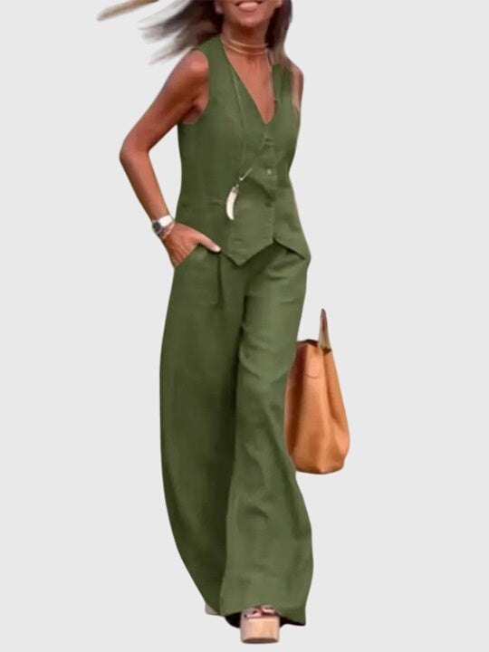 Mabel | Women's Elegant Two-Piece Set - Vest & Wide Leg Pants