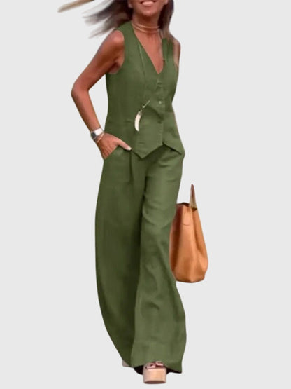 Mabel | Women's Elegant Two-Piece Set - Vest & Wide Leg Pants