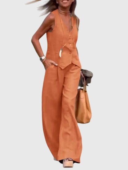 Mabel | Women's Elegant Two-Piece Set - Vest & Wide Leg Pants