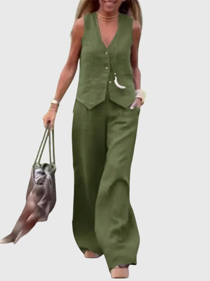 Mabel | Women's Elegant Two-Piece Set - Vest & Wide Leg Pants