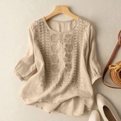 Althea | Embroidered Crew Neck Blouse with Three-Quarter Sleeves
