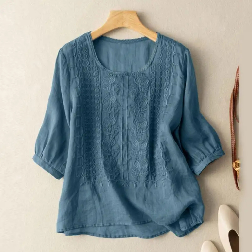 Althea | Embroidered Crew Neck Blouse with Three-Quarter Sleeves