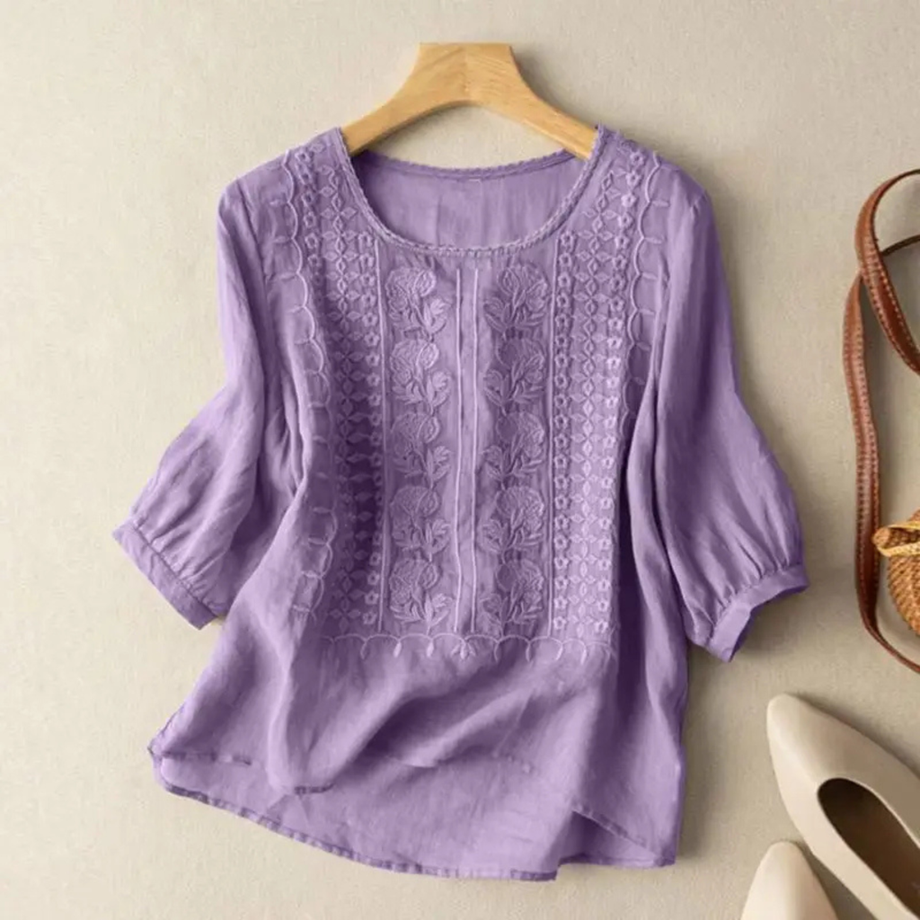 Althea | Embroidered Crew Neck Blouse with Three-Quarter Sleeves