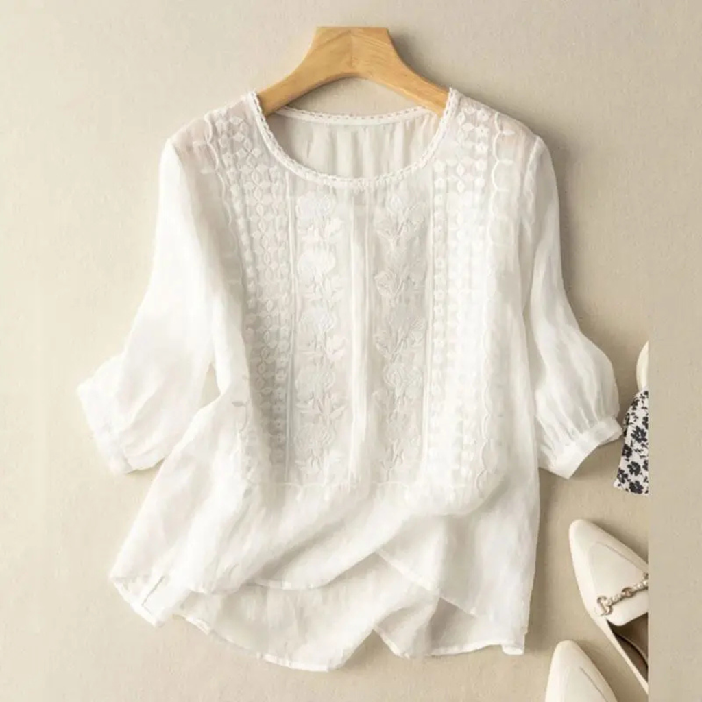 Althea | Embroidered Crew Neck Blouse with Three-Quarter Sleeves