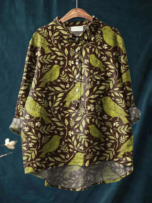 Nora | Women's Vintage Floral Birds Art Print Casual Shirt 0