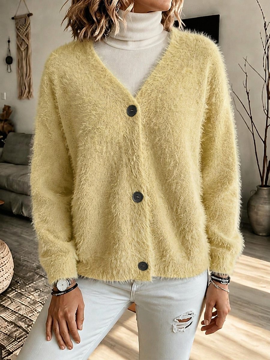 Journee | Fuzzy Knit Button-Front V-Neck Cardigan for Women