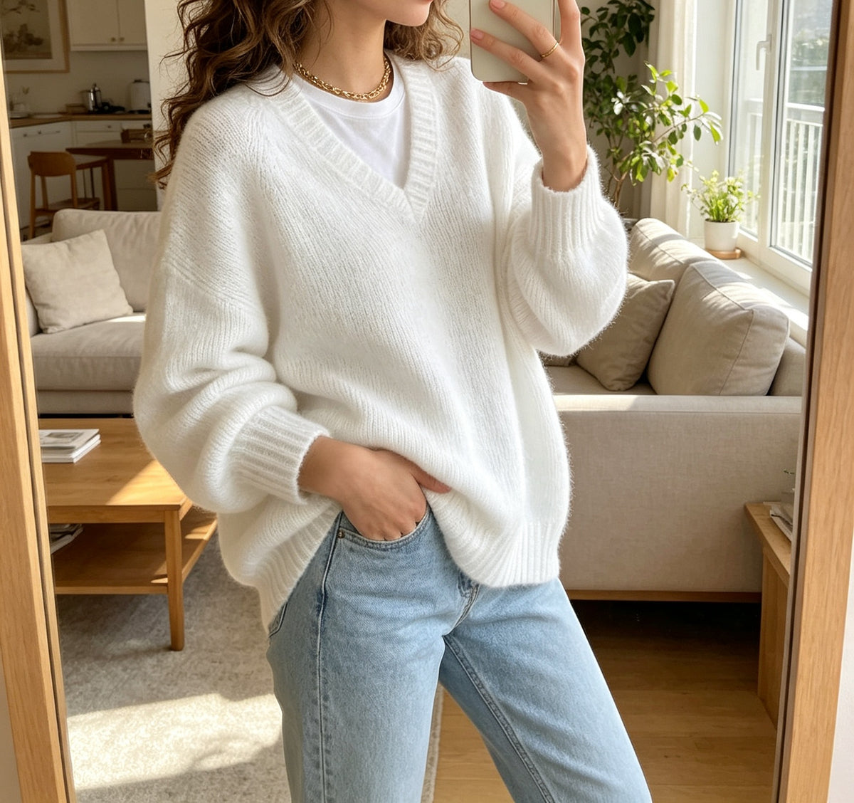 Klaartje | Fuzzy Knit V-Neck Sweater with Drop Shoulder for Women