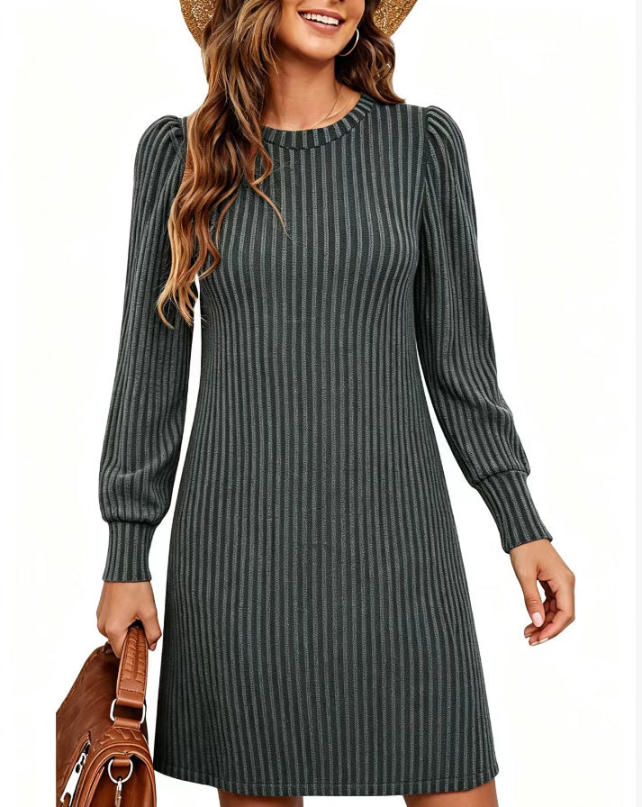 Romana | Ribbed Puff Sleeve A-Line Midi Dress for Women