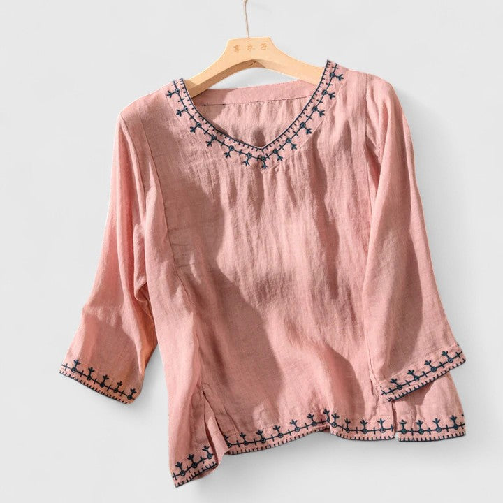 Taysia | Women's V-Neck Blouse Embroidered Long Sleeve Top