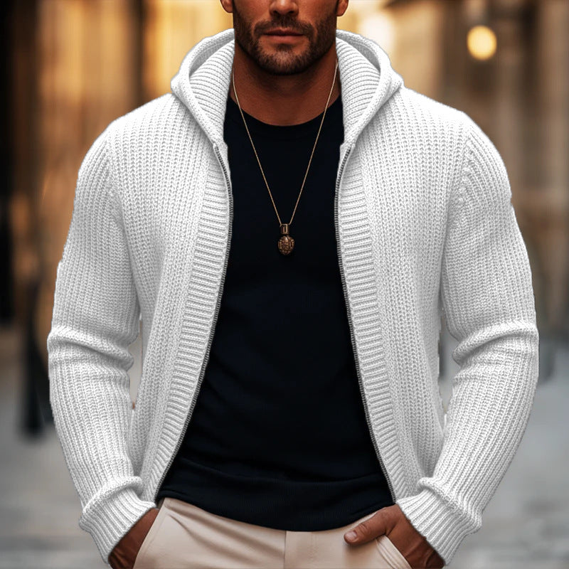 Beda | Ribbed Knit Zip-Up Hooded Cardigan for Men