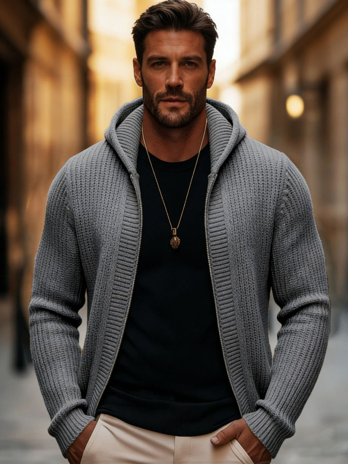 Beda | Ribbed Knit Zip-Up Hooded Cardigan for Men