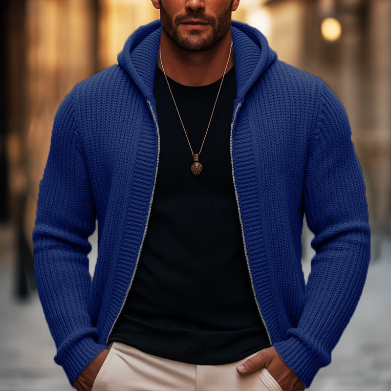 Beda | Ribbed Knit Zip-Up Hooded Cardigan for Men