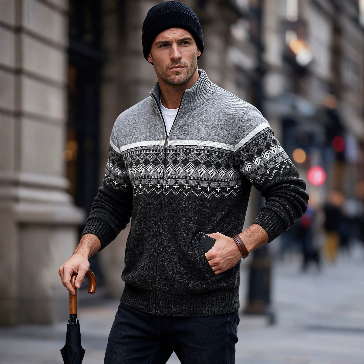Sixte | Fair Isle Zip-Front Knit Cardigan for Men