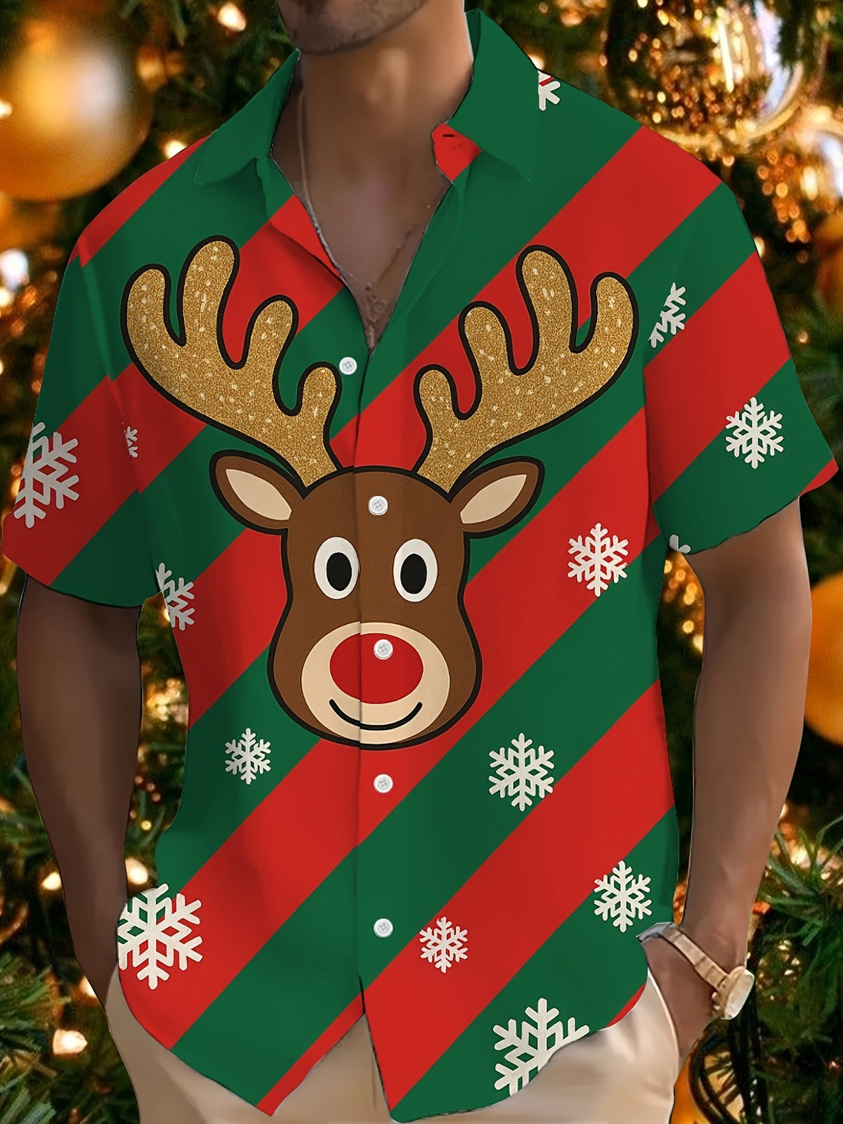 Joel | Pink Cartoon Print Short Sleeve Christmas Blouse for Men