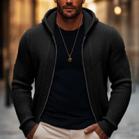 Beda | Ribbed Knit Zip-Up Hooded Cardigan for Men
