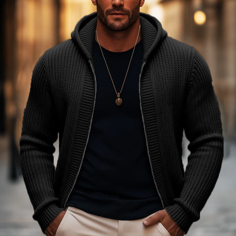 Beda | Ribbed Knit Zip-Up Hooded Cardigan for Men