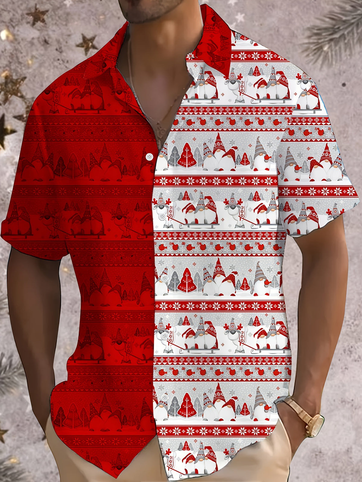 Joel | Pink Cartoon Print Short Sleeve Christmas Blouse for Men
