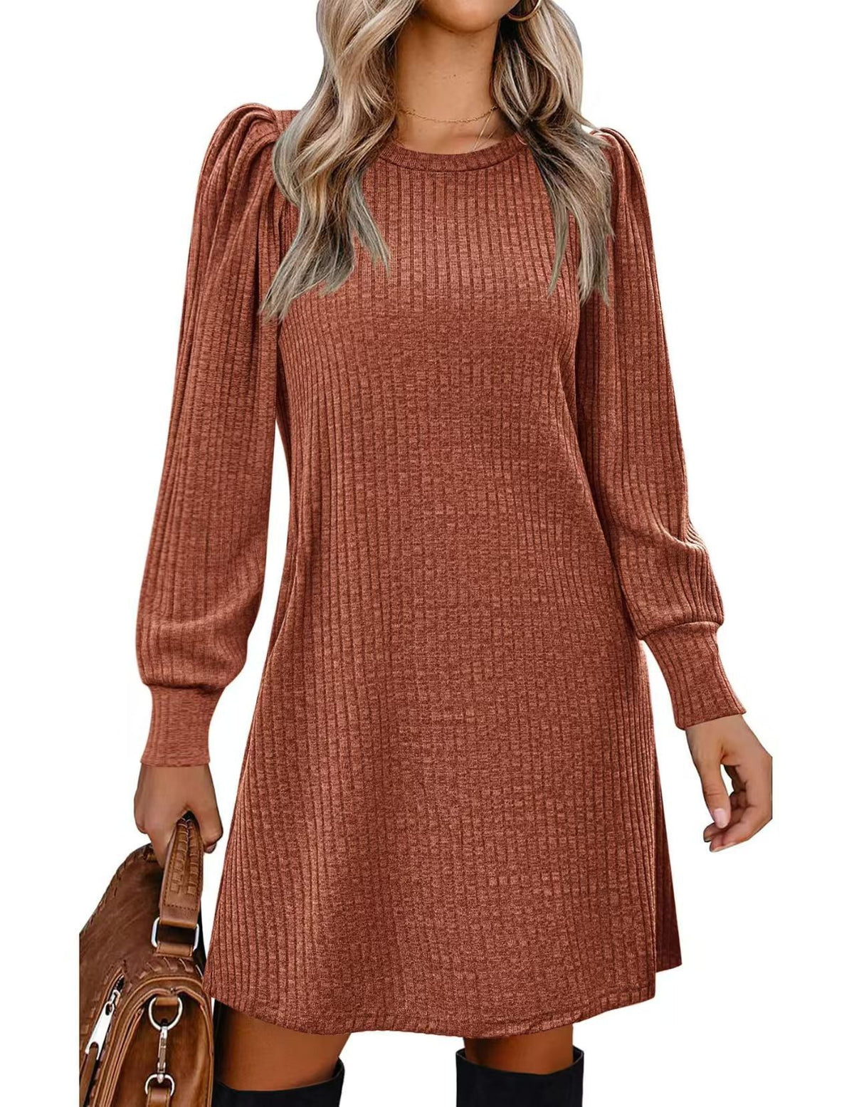 Romana | Ribbed Puff Sleeve A-Line Midi Dress for Women