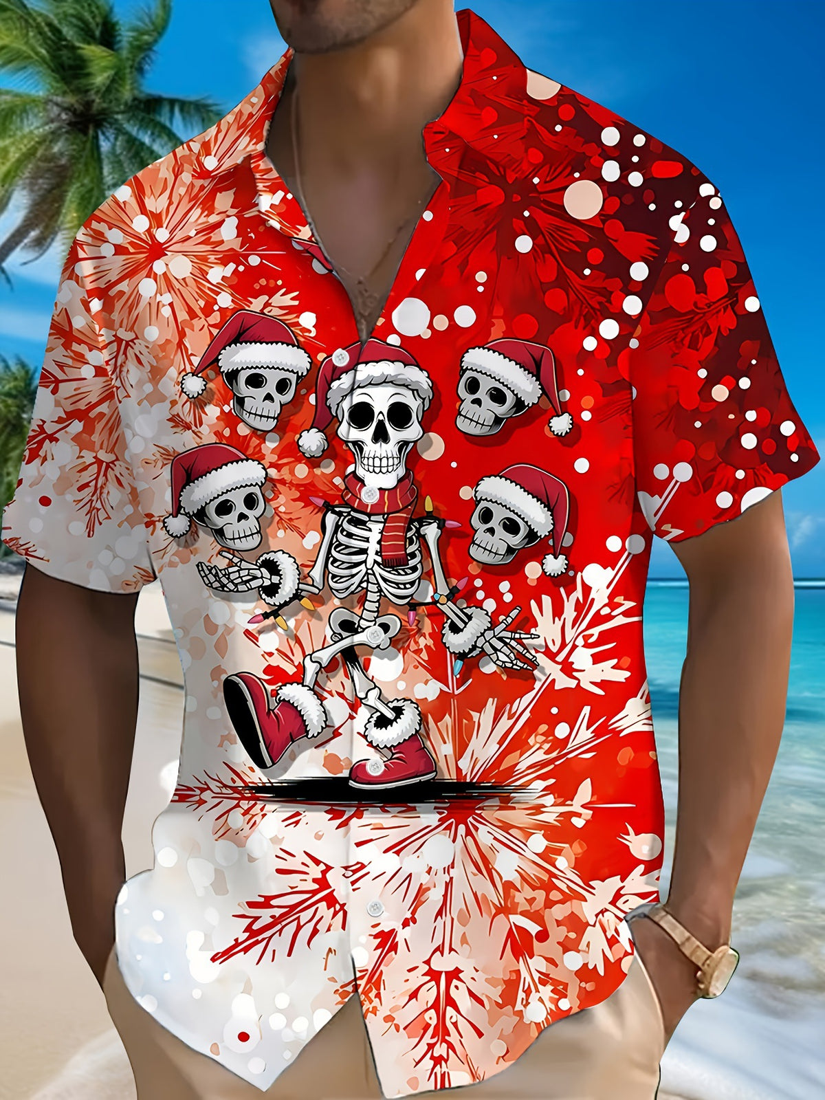 Joel | Pink Cartoon Print Short Sleeve Christmas Blouse for Men