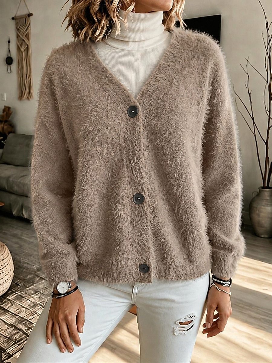 Journee | Fuzzy Knit Button-Front V-Neck Cardigan for Women