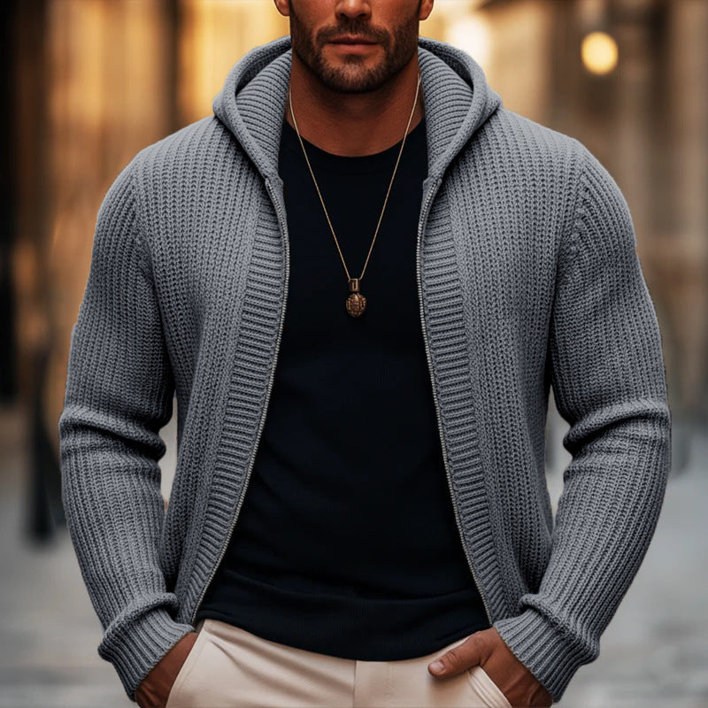 Beda | Ribbed Knit Zip-Up Hooded Cardigan for Men