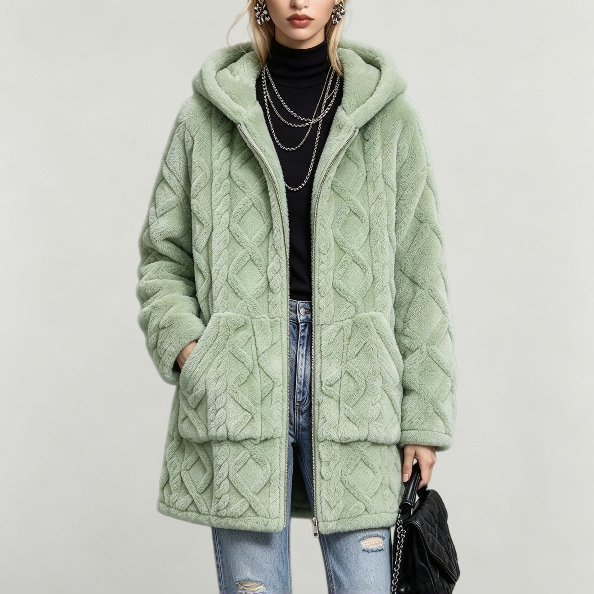 Else | Cable-Knit Textured Hooded Teddy Coat for Women