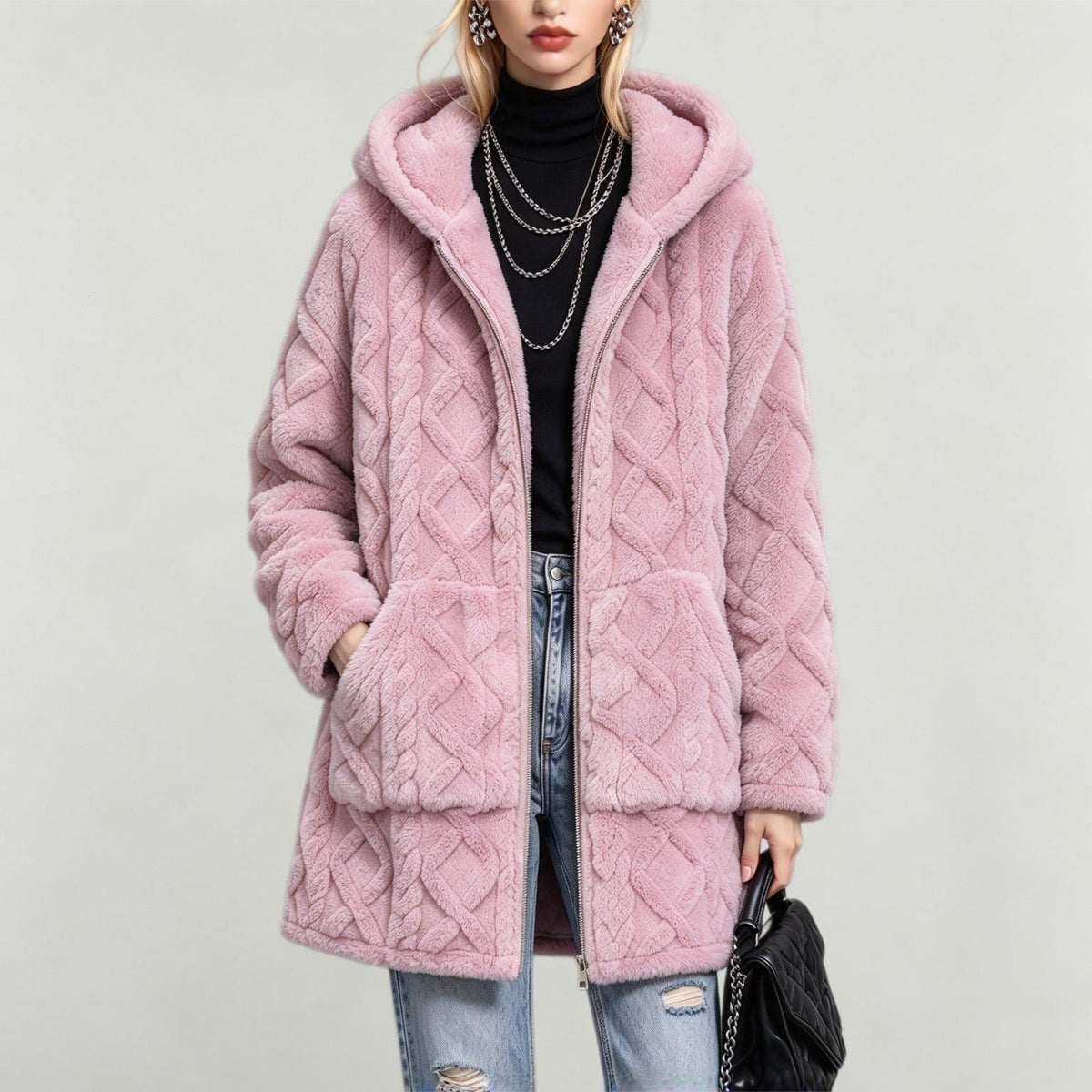 Else | Cable-Knit Textured Hooded Teddy Coat for Women