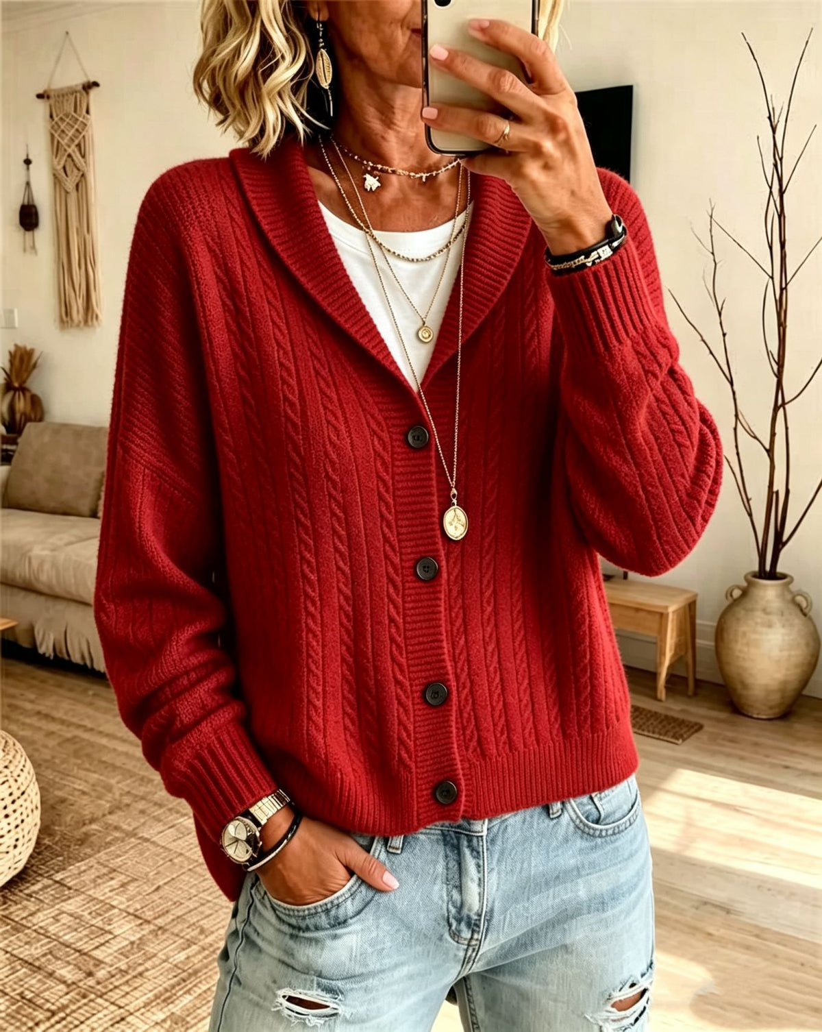 Vreneli | Ribbed Cable Knit Button-Front Cardigan for Women