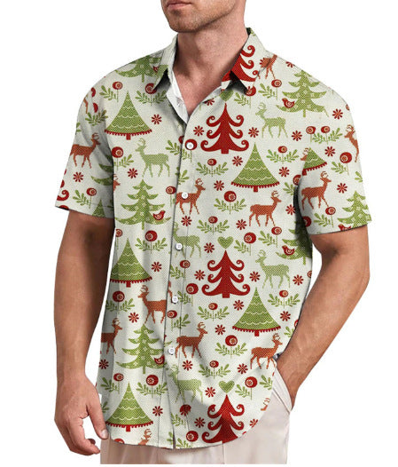 Mateo | Short Sleeve Christmas Blouse with Santa Print for Men