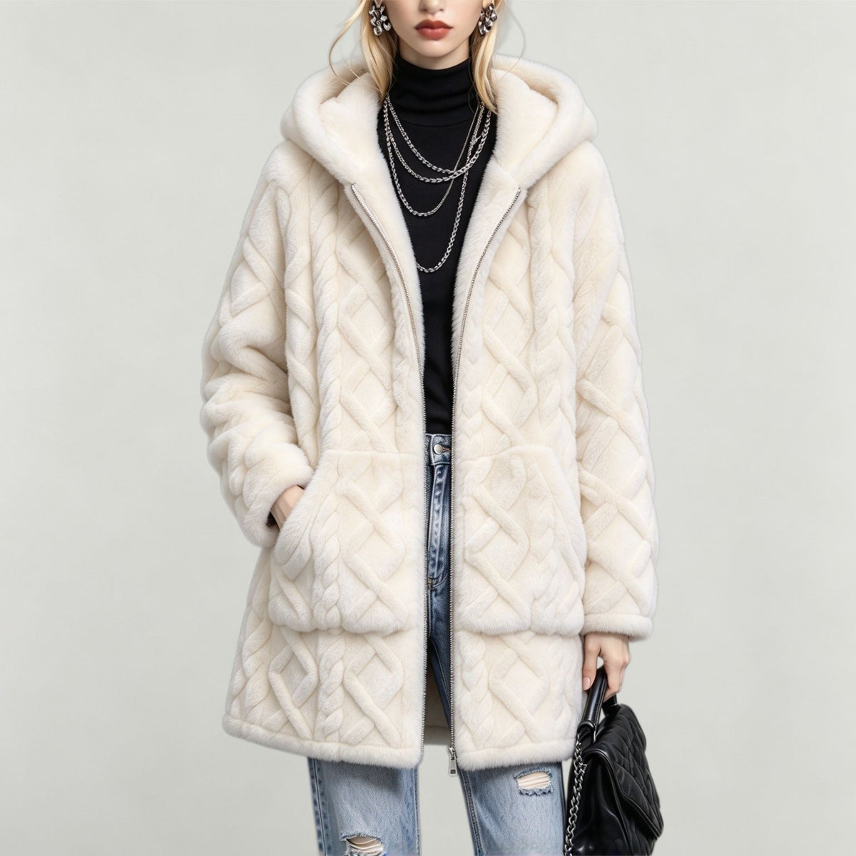 Else | Cable-Knit Textured Hooded Teddy Coat for Women