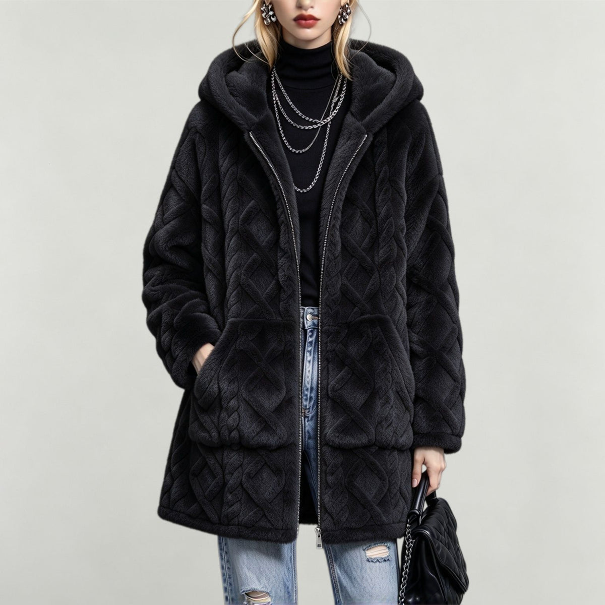 Else | Cable-Knit Textured Hooded Teddy Coat for Women