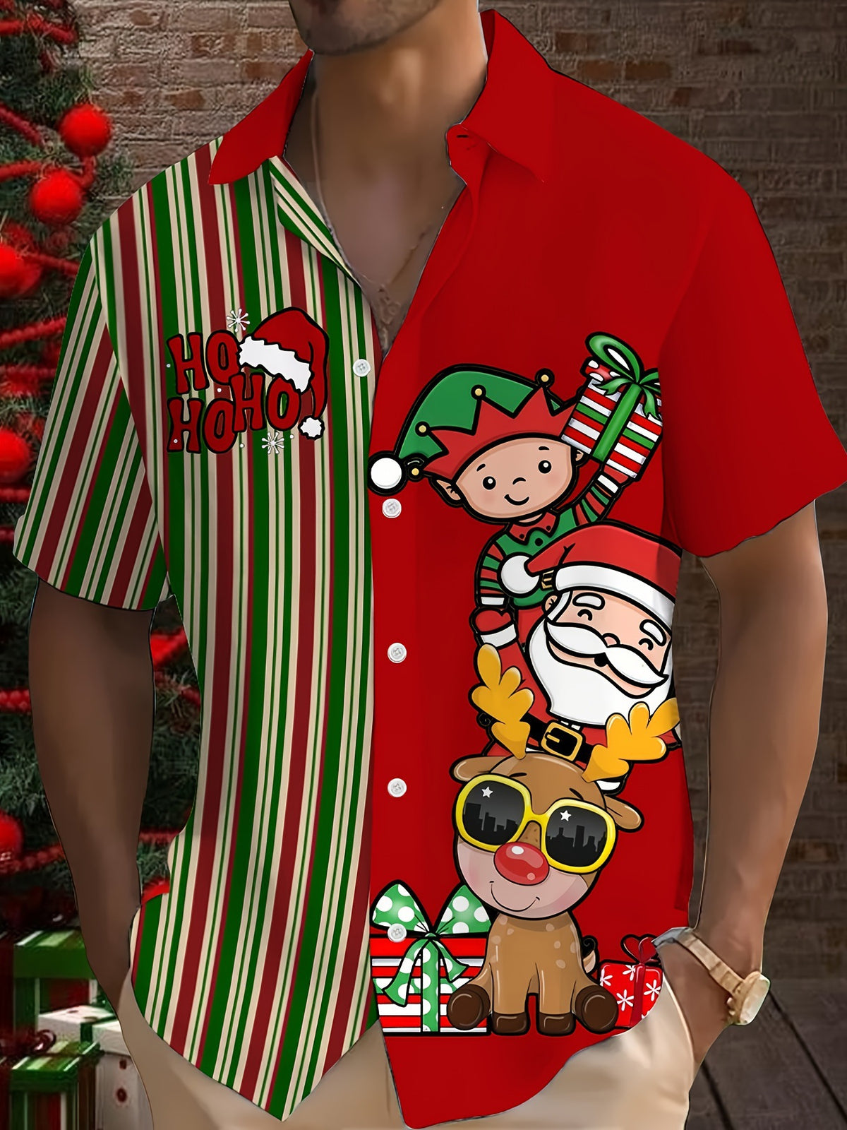 Joel | Pink Cartoon Print Short Sleeve Christmas Blouse for Men