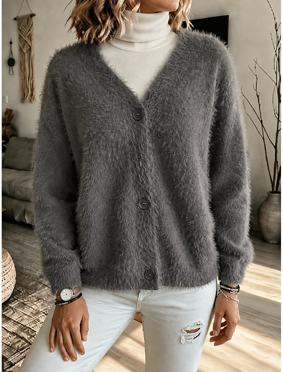 Journee | Fuzzy Knit Button-Front V-Neck Cardigan for Women