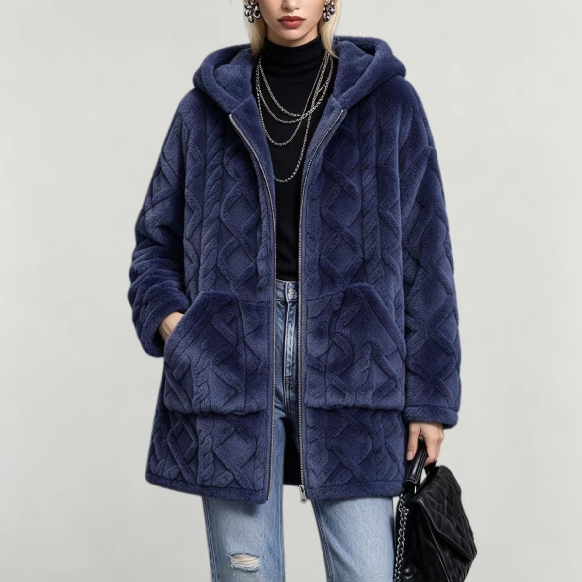 Else | Cable-Knit Textured Hooded Teddy Coat for Women