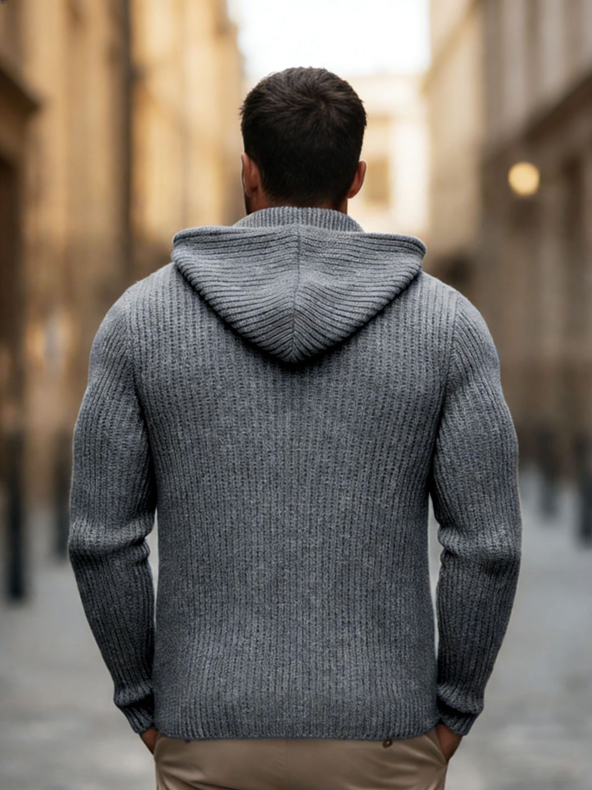 Beda | Ribbed Knit Zip-Up Hooded Cardigan for Men