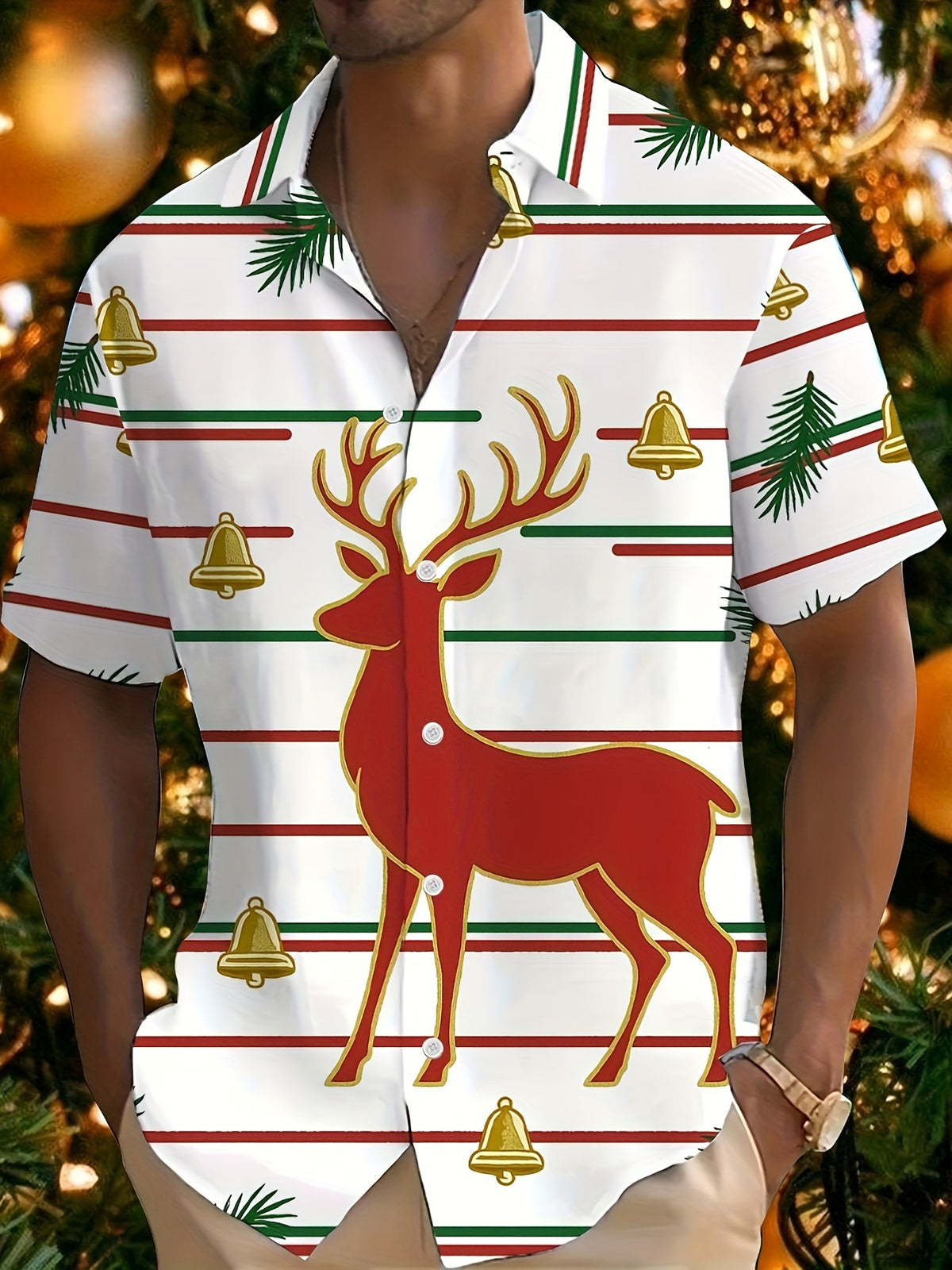 Joel | Pink Cartoon Print Short Sleeve Christmas Blouse for Men