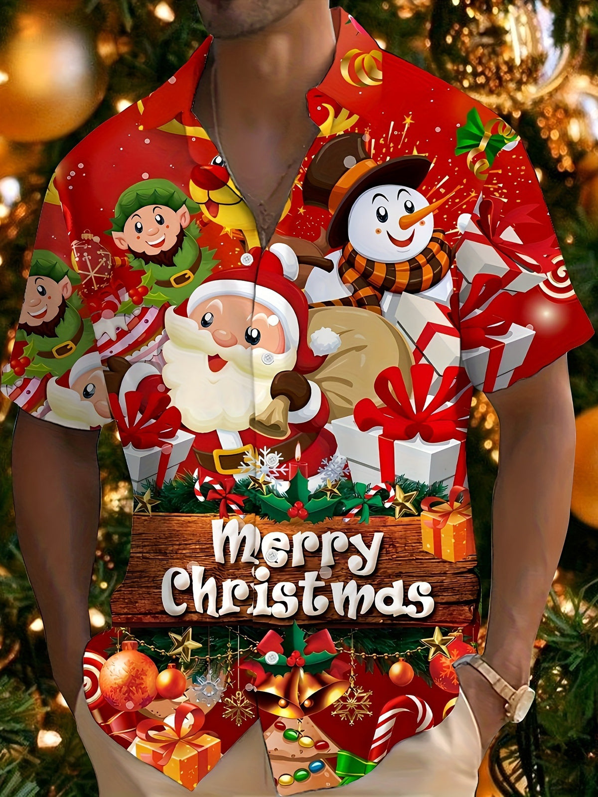 Joel | Pink Cartoon Print Short Sleeve Christmas Blouse for Men