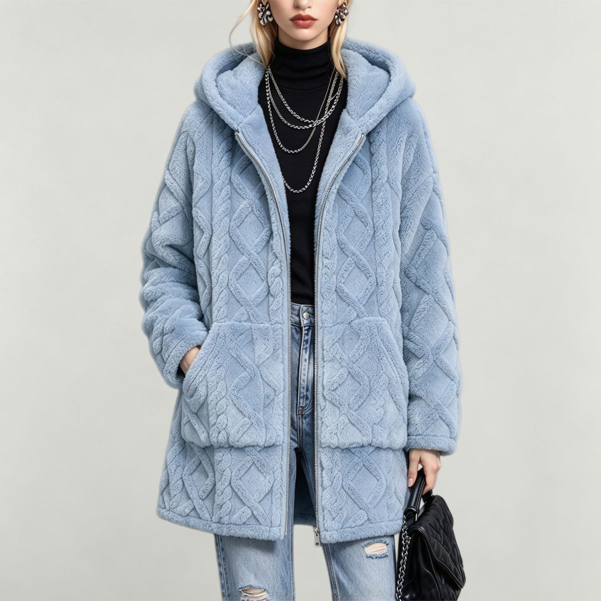 Else | Cable-Knit Textured Hooded Teddy Coat for Women