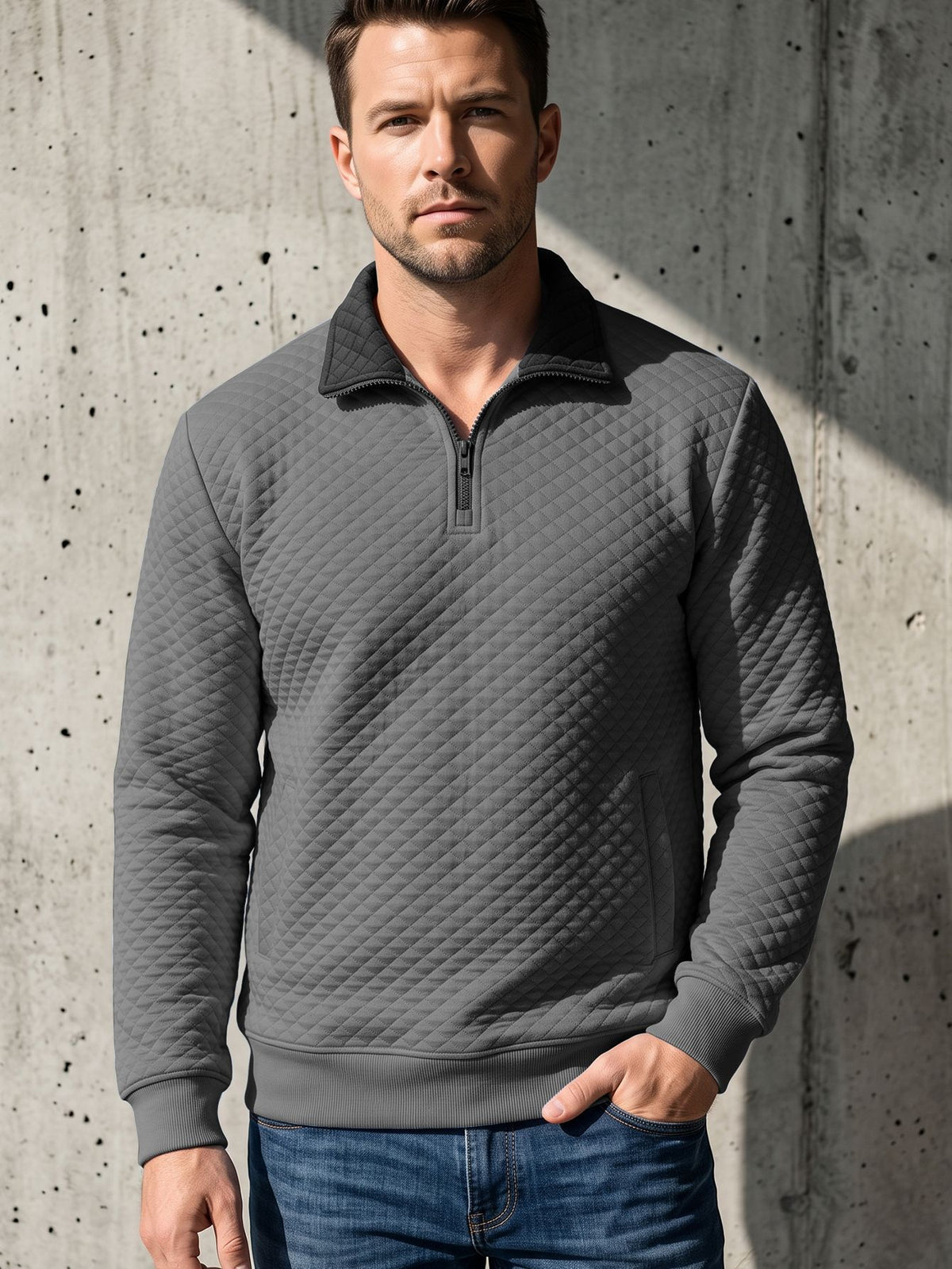 Steef | Quilted Quarter-Zip Stand Collar Sweatshirt for Men