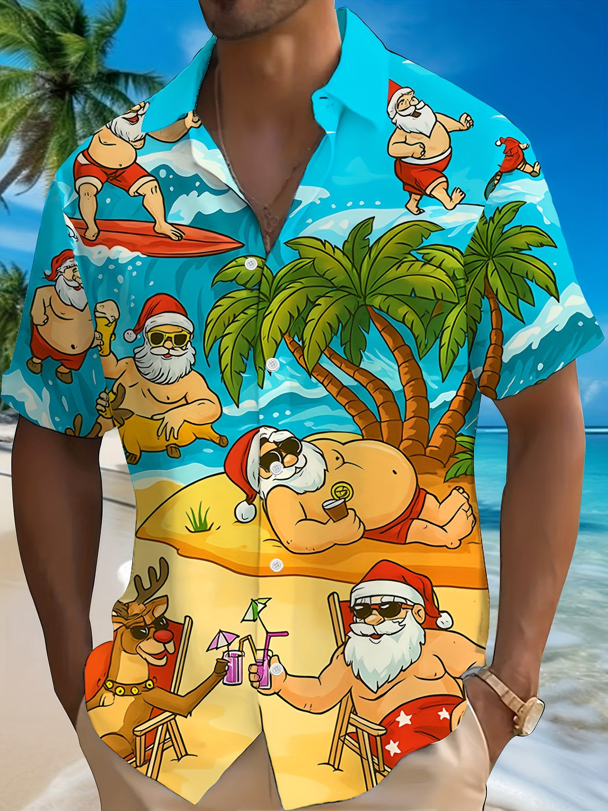 Joel | Pink Cartoon Print Short Sleeve Christmas Blouse for Men