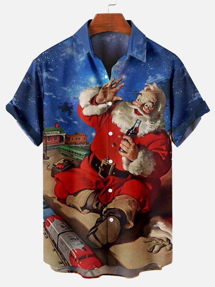 Finlay | Santa Print Button-Down Short Sleeve Christmas Blouse