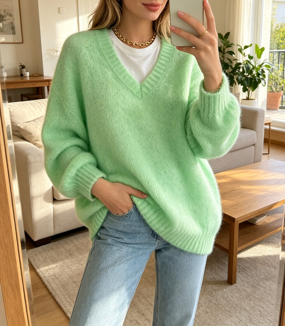 Klaartje | Fuzzy Knit V-Neck Sweater with Drop Shoulder for Women