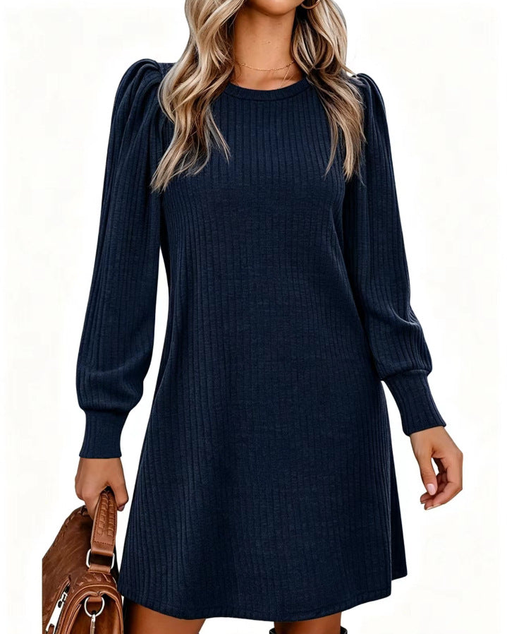 Romana | Ribbed Puff Sleeve A-Line Midi Dress for Women