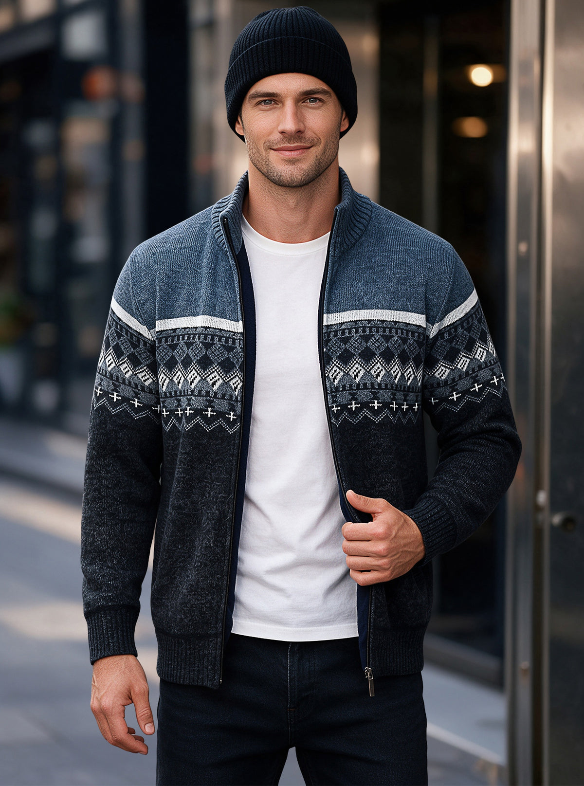 Sixte | Fair Isle Zip-Front Knit Cardigan for Men